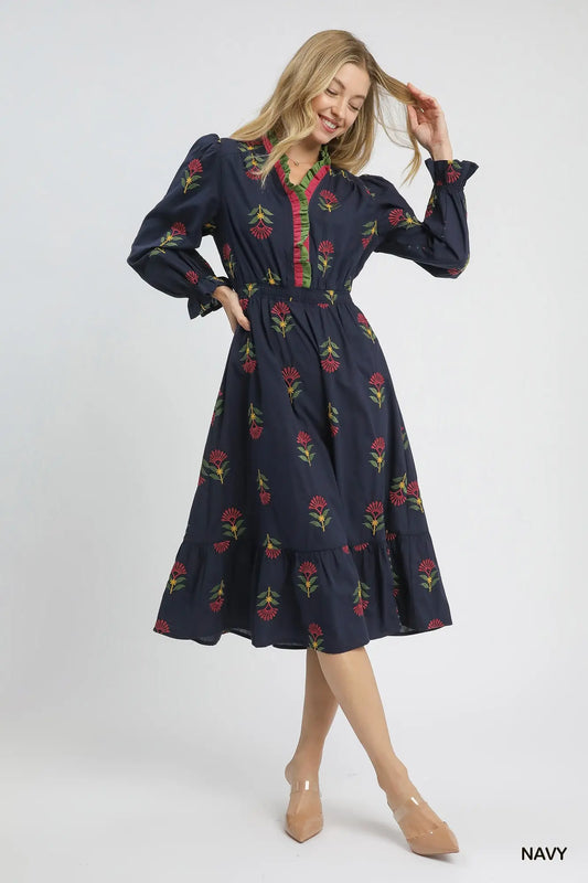 Navy Floral Embroidered Midi Dress
