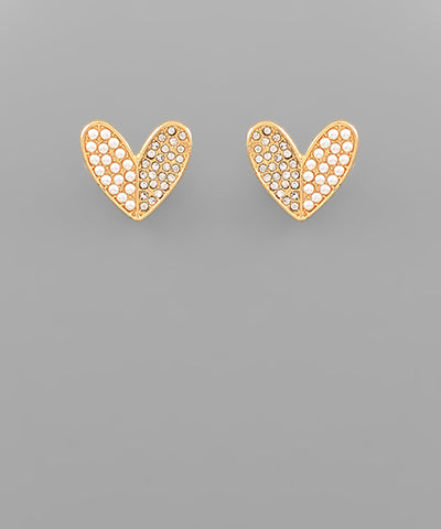 Half Pearl/Half Pave Heart Earrings