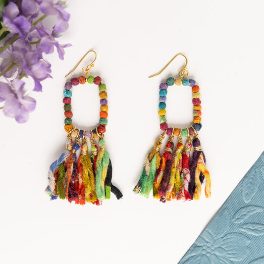 Kantha Fringed Rectangle Earrings