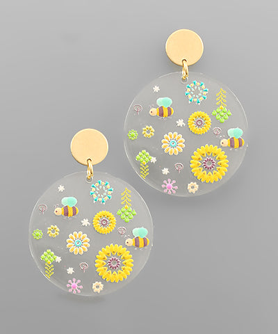 Flower & Bee Acrylic Disk Earrings