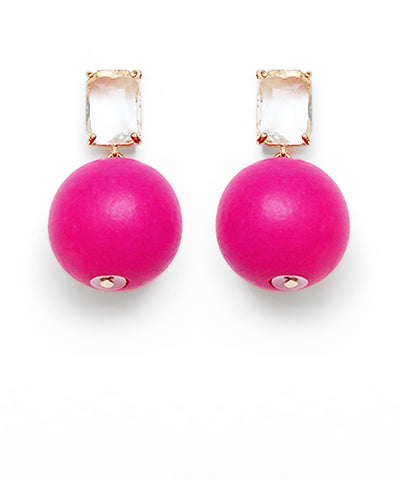 Fuchsia Wooden Ball Dangle Earrings