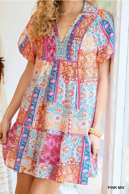 Patchwork Print Smocked Mini Dress