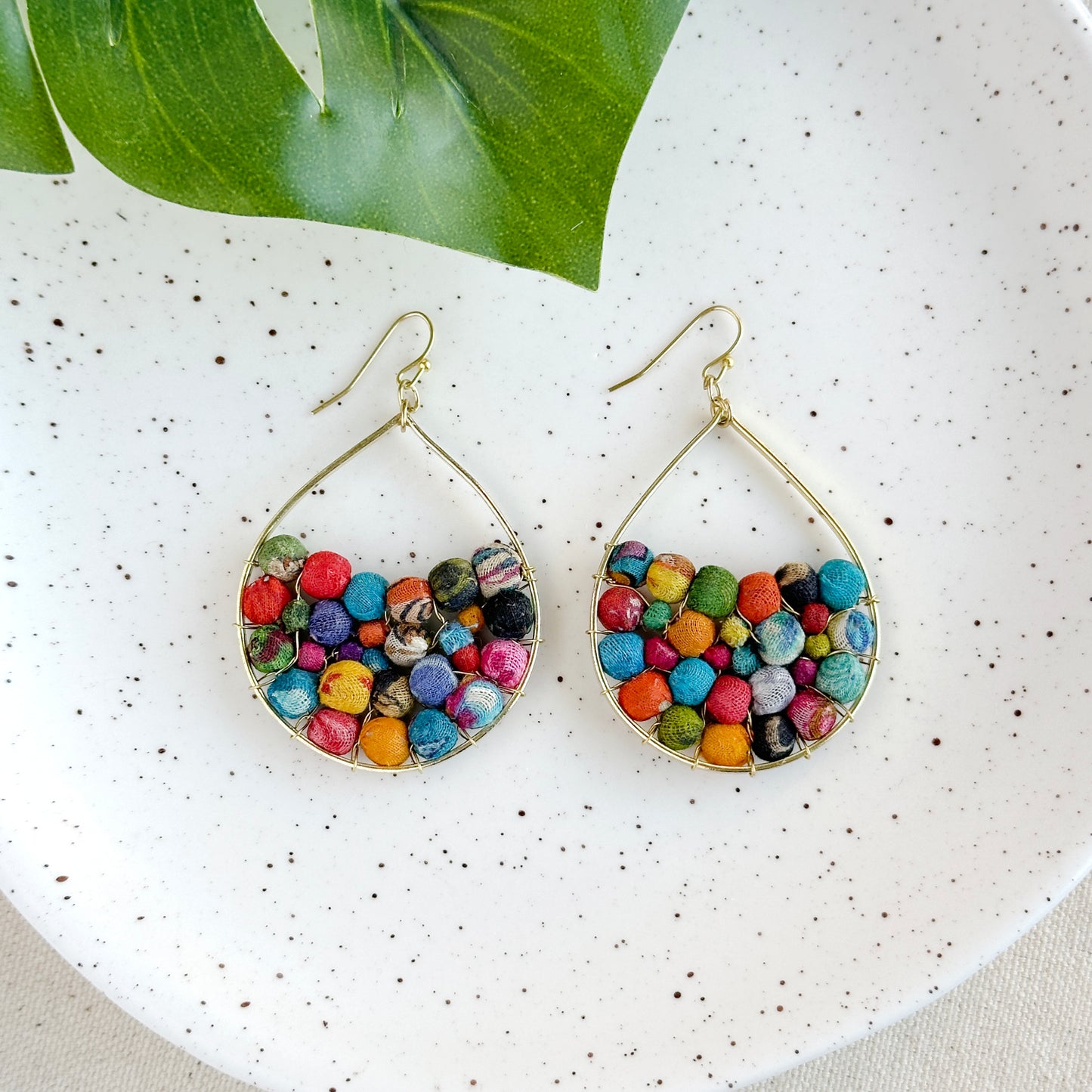 Embedded Kantha Teardrop Earrings