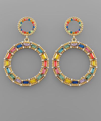 Rainbow Baguette Beaded Circle Dangle Earrings