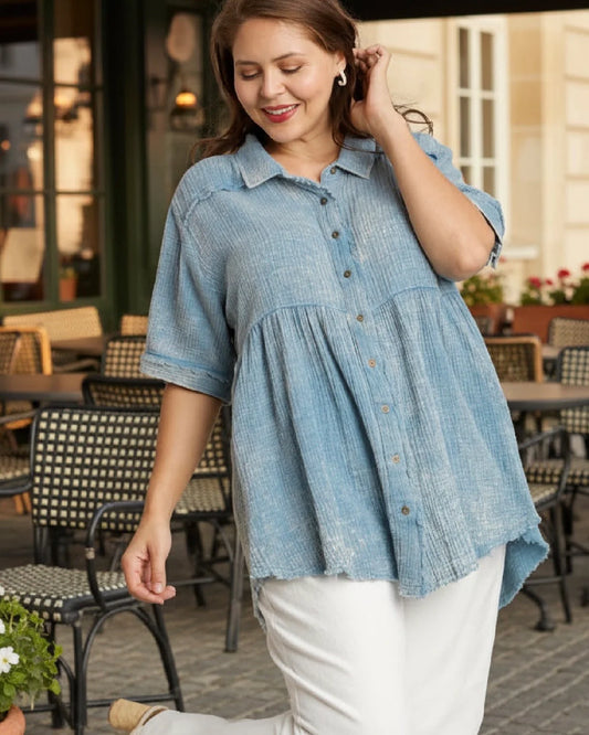 Azure Babydoll Button-Down Top