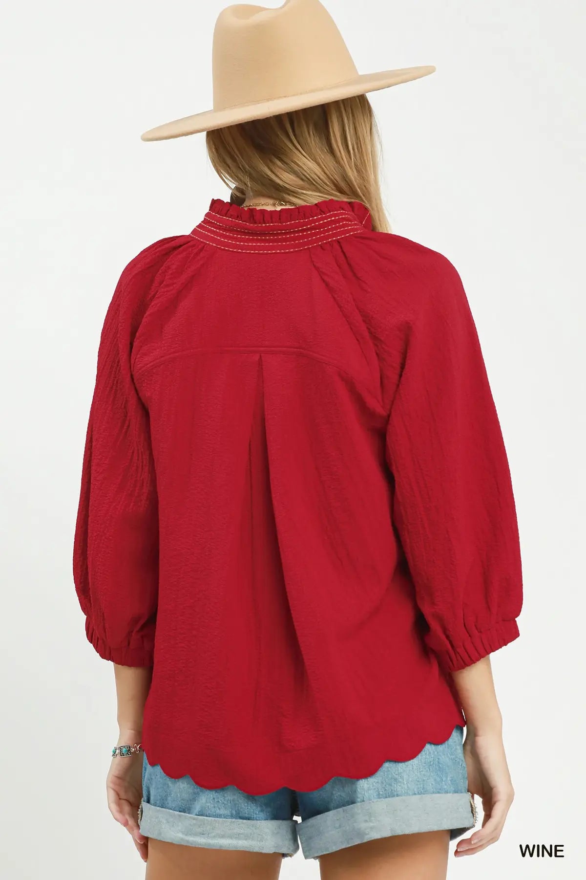 Wine Puff Sleeve Blouse