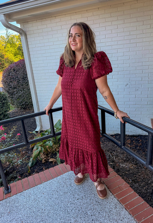 Burgundy Bloom Eyelet Midi Dress