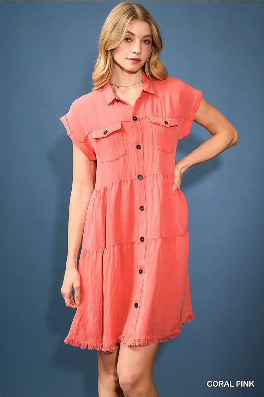 Coral Washed Button Up Dress