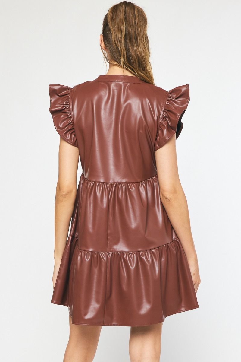 Mocha Faux Leather Ruffle Dress