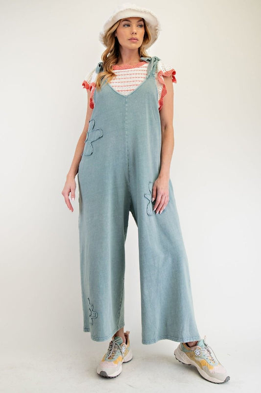 Easel Dusty Blue Flower Patch Mineral Washed Jumpsuit