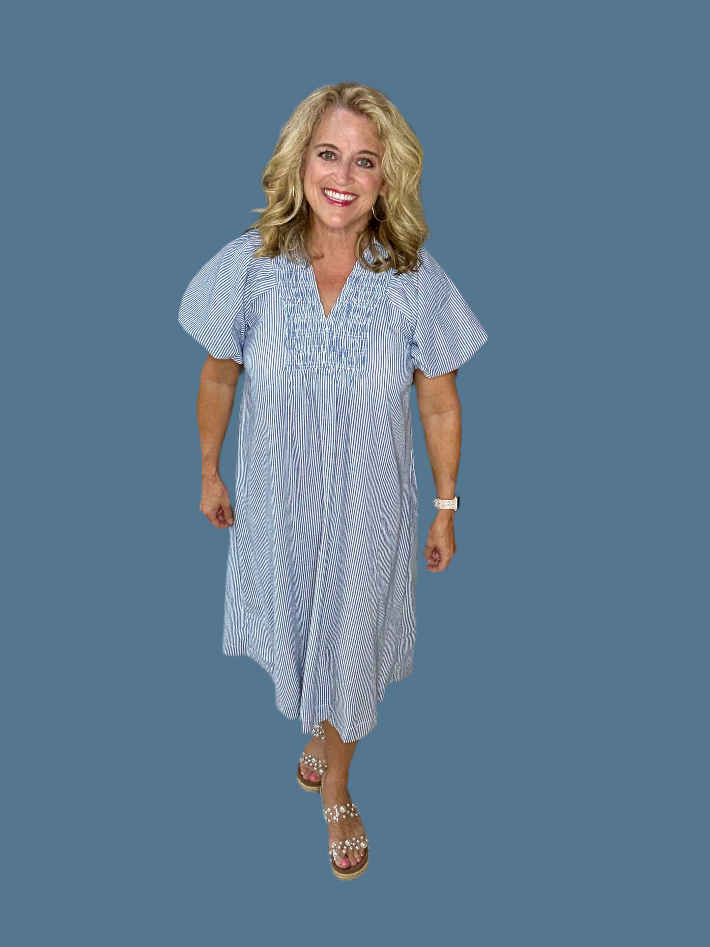 Blue & White Pinstripe Smocked Midi Dress