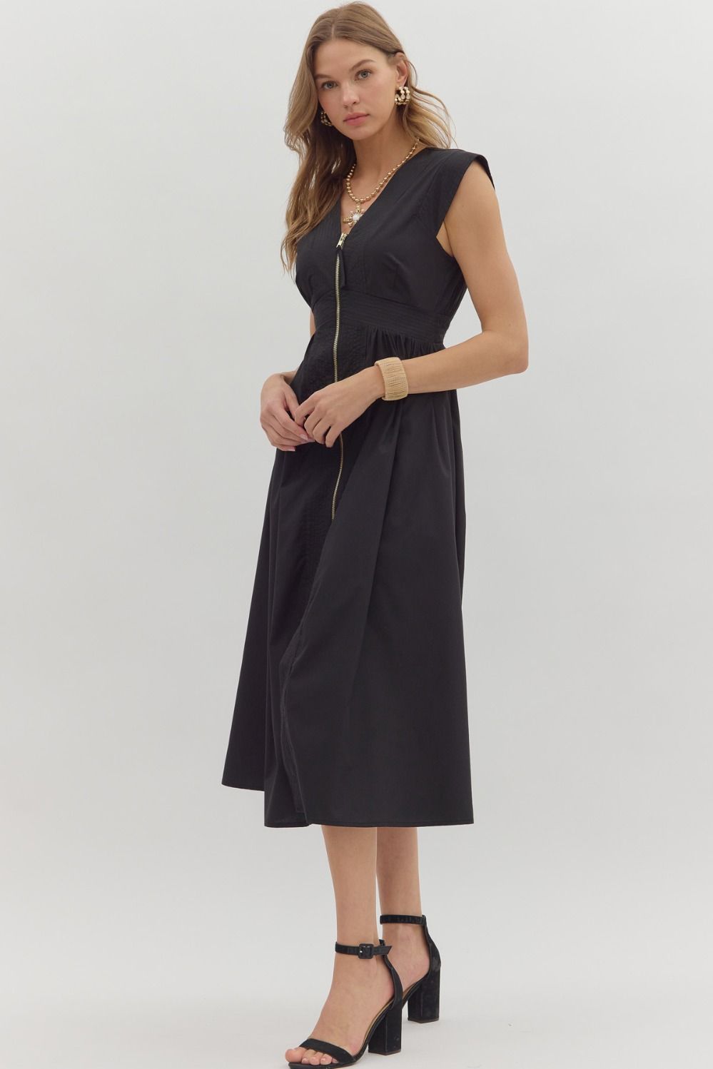 Black Smocked Waist Midi Dress