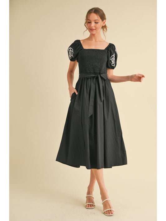 Black Smocked Midi Dress
