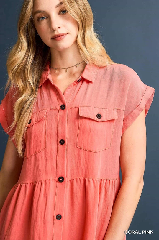 Coral Washed Button Up Dress
