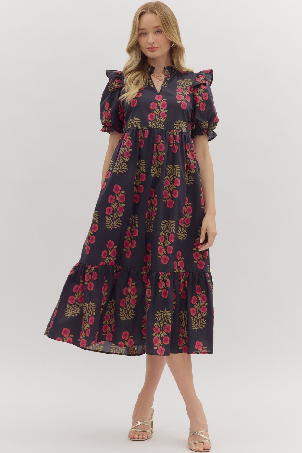 Black Garden Bloom Midi Dres