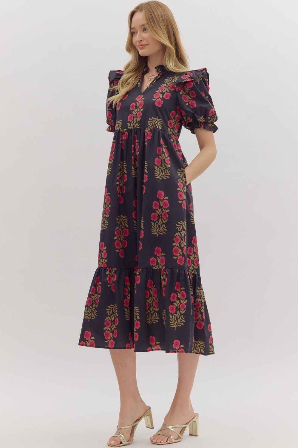 Black Garden Bloom Midi Dres