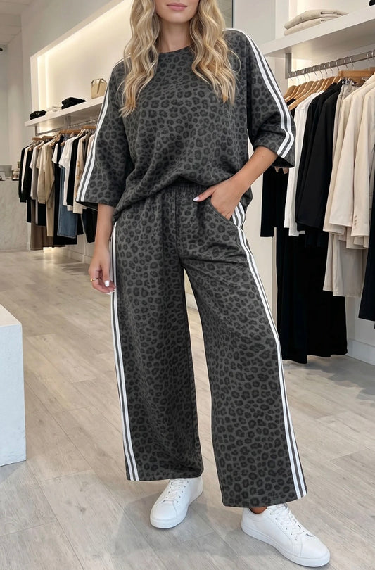 Gray Leopard Varsity Stripe Pant Set