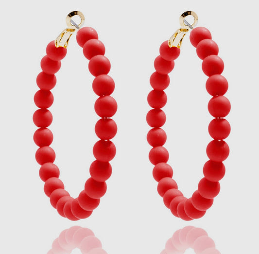 Red Matte Beaded Hoop Earring