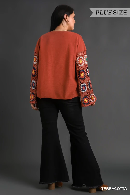 Umgee French Terry Top with Long Colorful Crocheted Sleeves in Terracotta