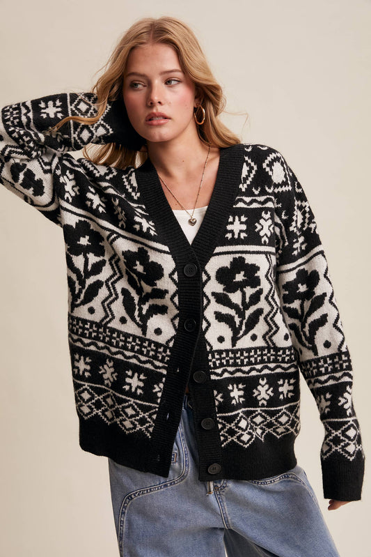 Fair Isle Black & White Knit Cardigan