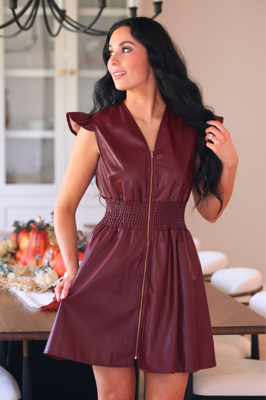 PREORDER- Downtown Leather Zipper Dress- Burgundy