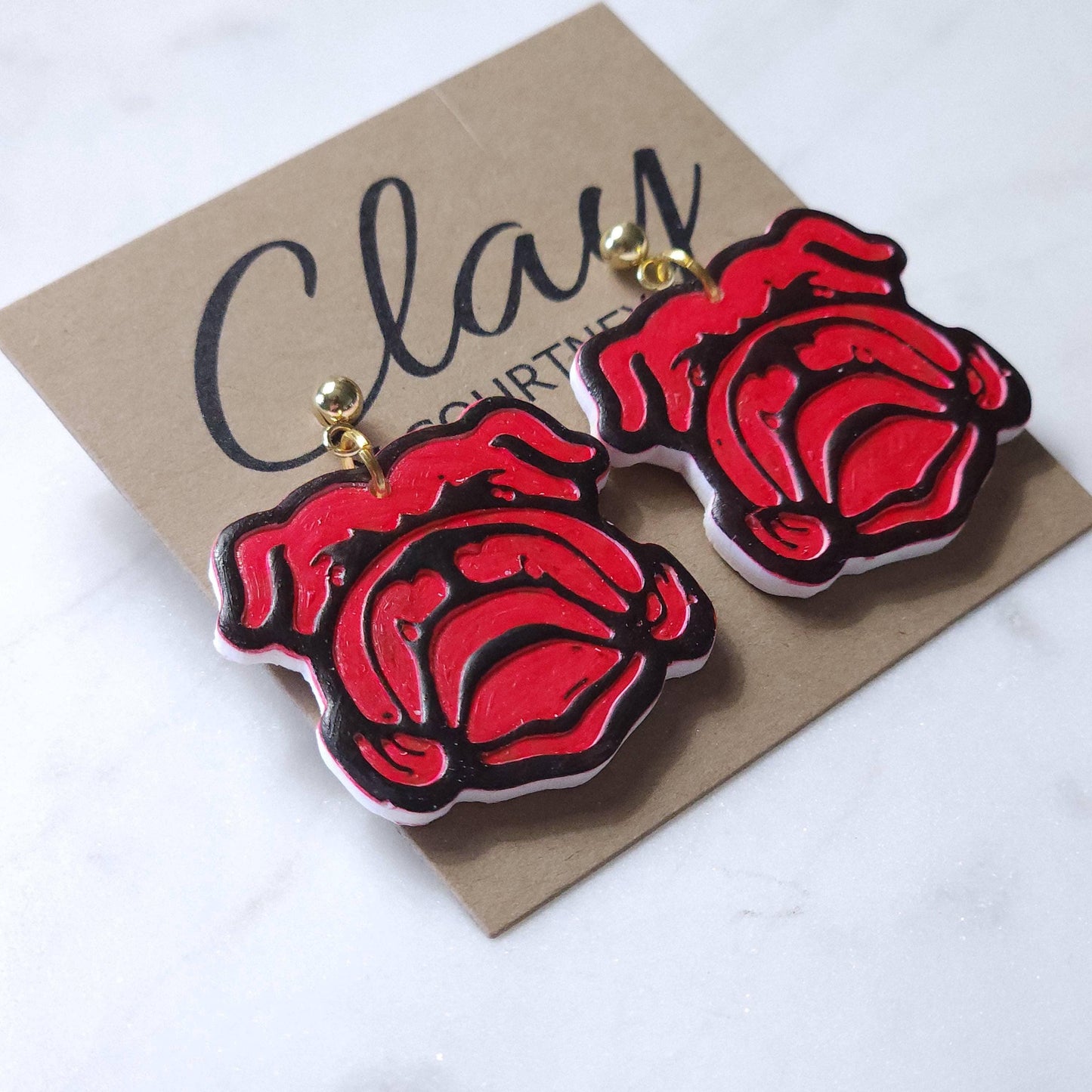 Handcrafted Bulldog Dangle Earring: Gold