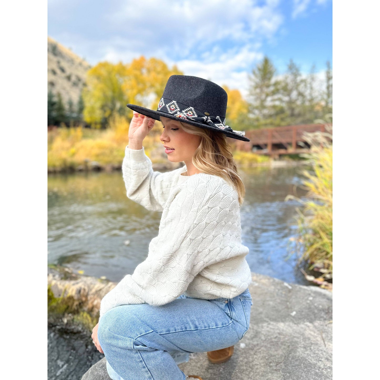 Dove Aztec Trim Band Vegan Fabric C.C Panama Hat