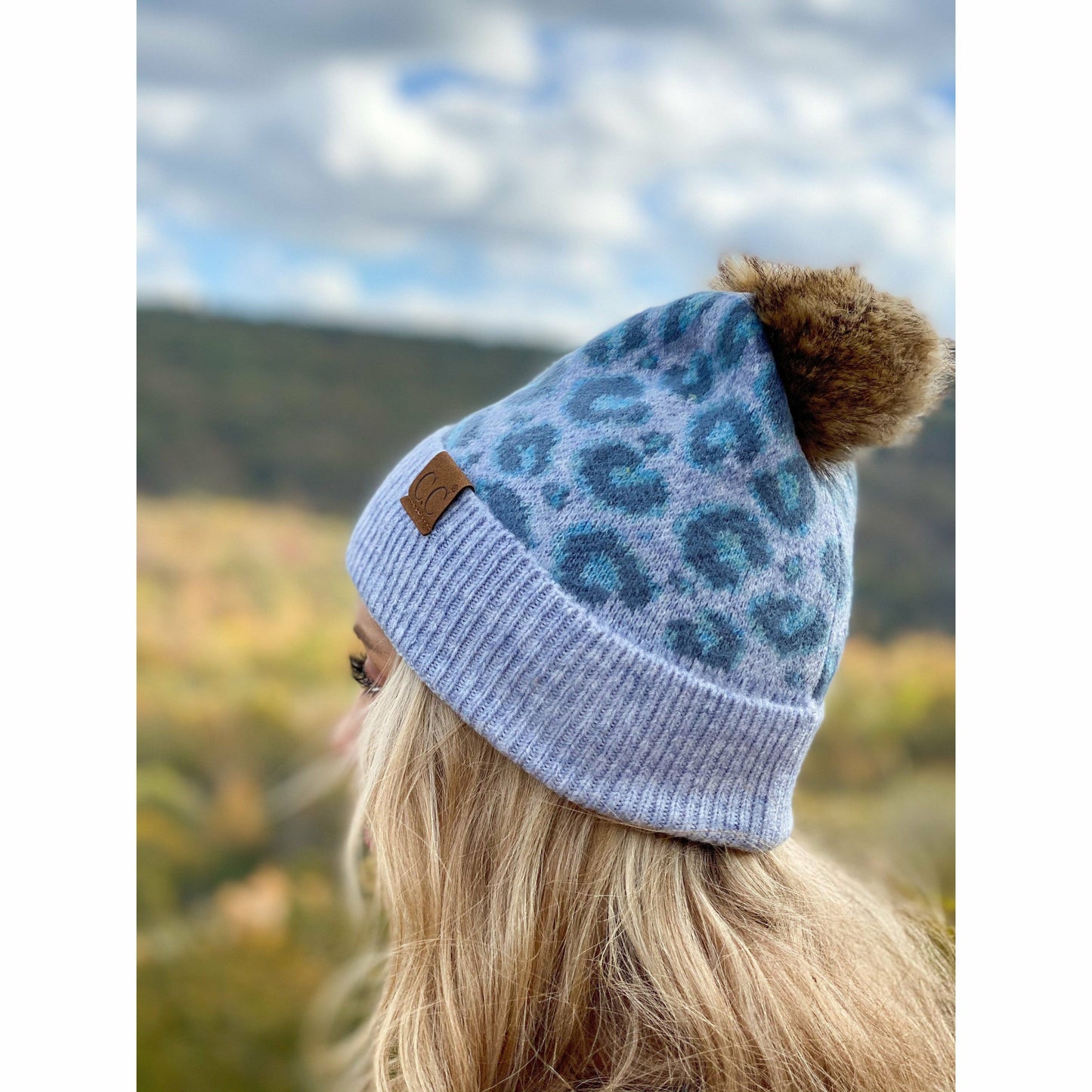 Taupe Leopard Pattern Faux Fur Pom Beanie