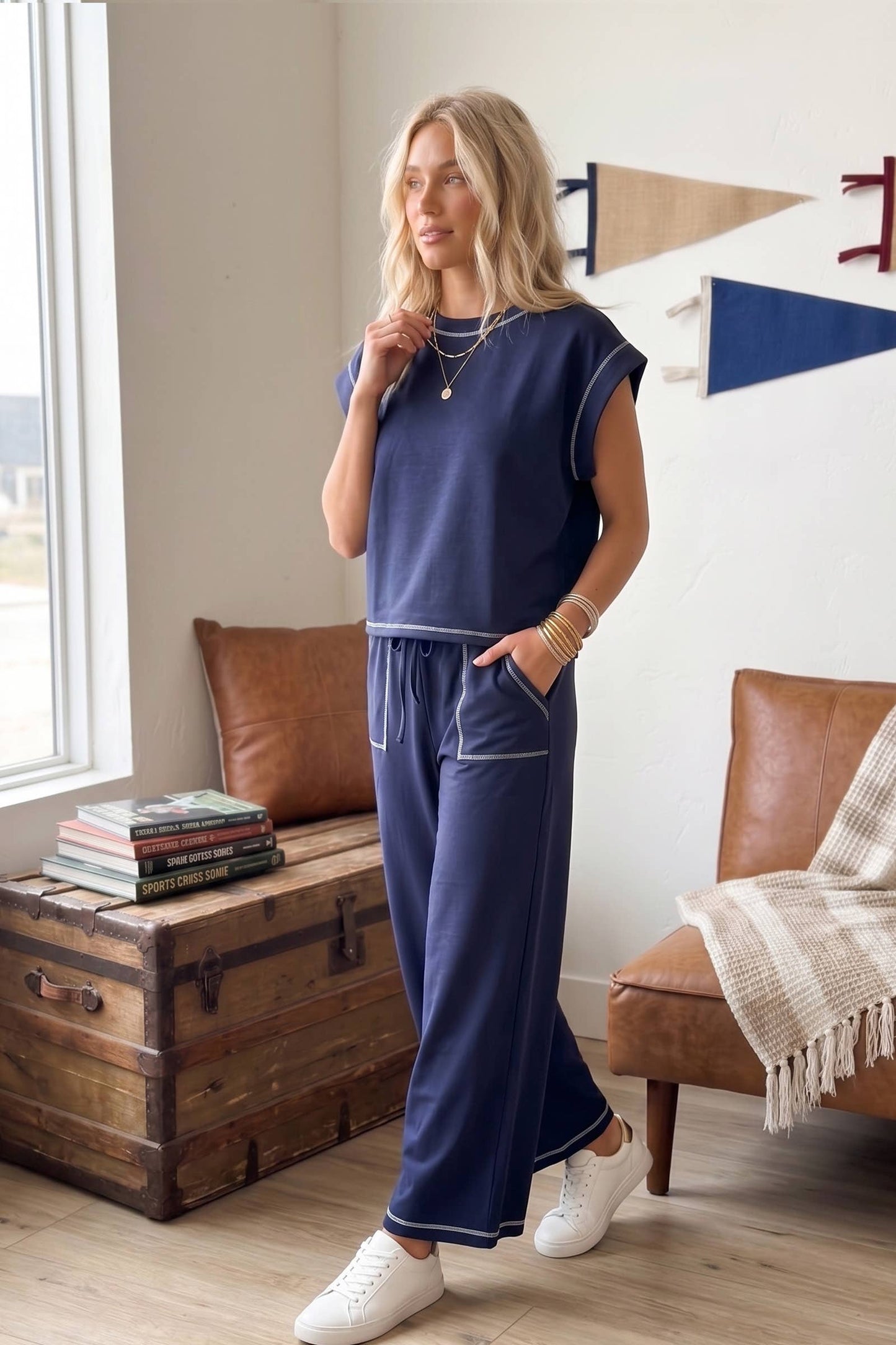 (Original Design) Scuba Contrast Stitch Lounge Set: RED / S