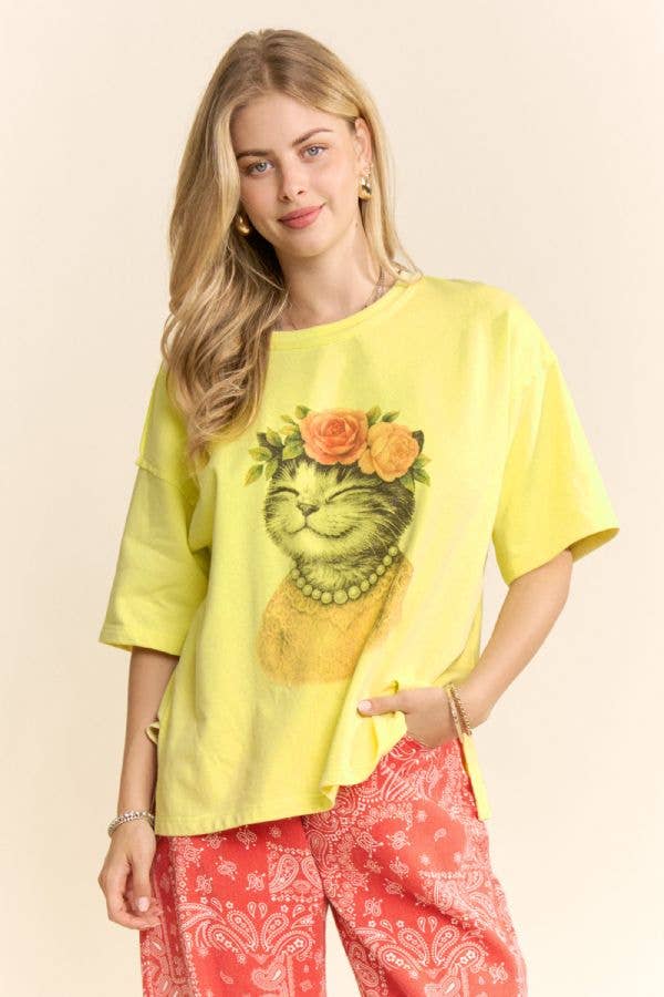 BLOSSOM-CROWNED KITTY PRINTED TOP: Beige / S