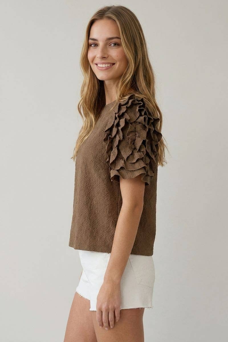 DIAMONT TEXTURED RUFFLE PUFF SLEEVE TOP - 46027T-1: Black / Contemporary / S