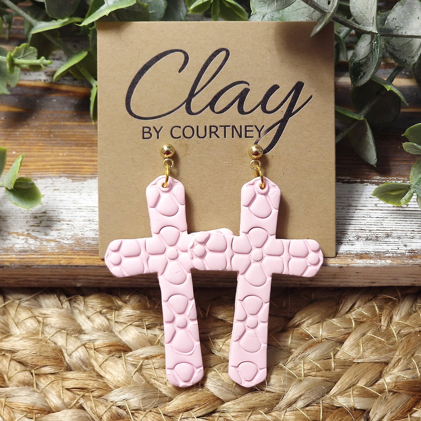 Clay Floral Cross Earrings: White
