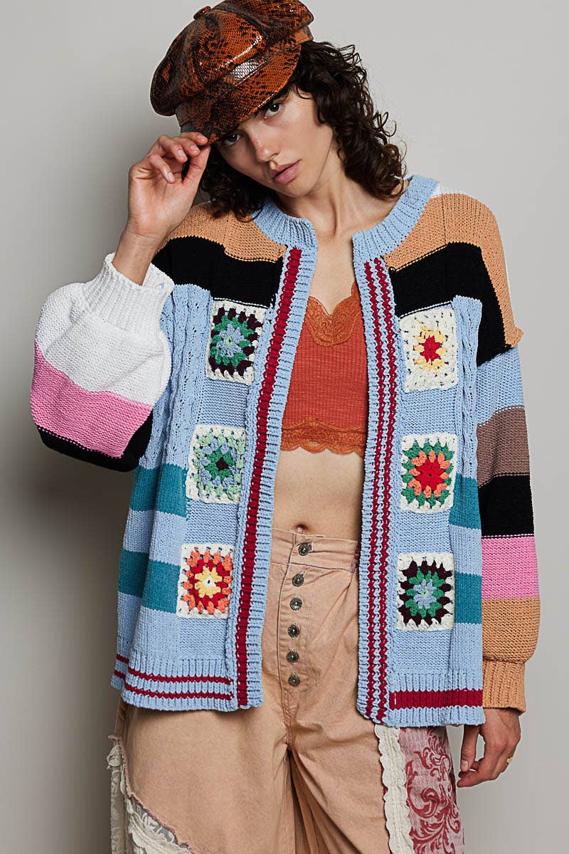 Handmade Patchwork Striped Chenille Sweater Open Cardigan: ROSE MULTI / S