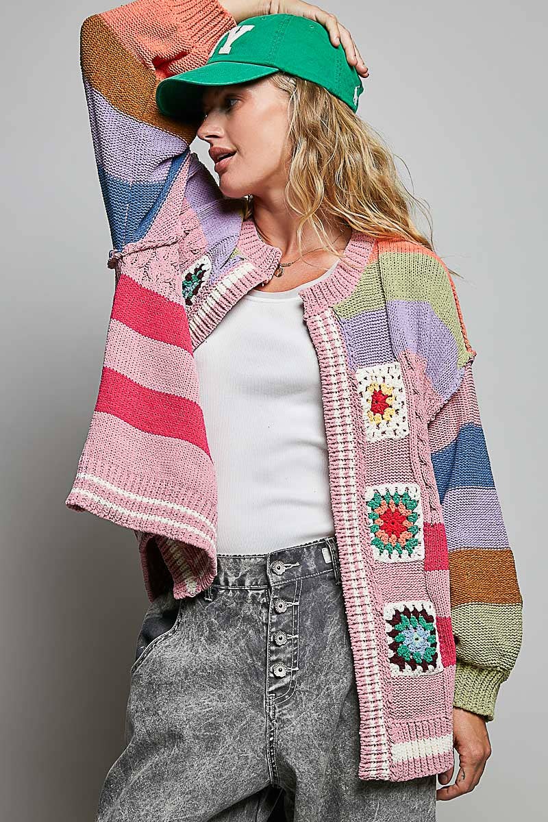 Handmade Patchwork Striped Chenille Sweater Open Cardigan: ROSE MULTI / S