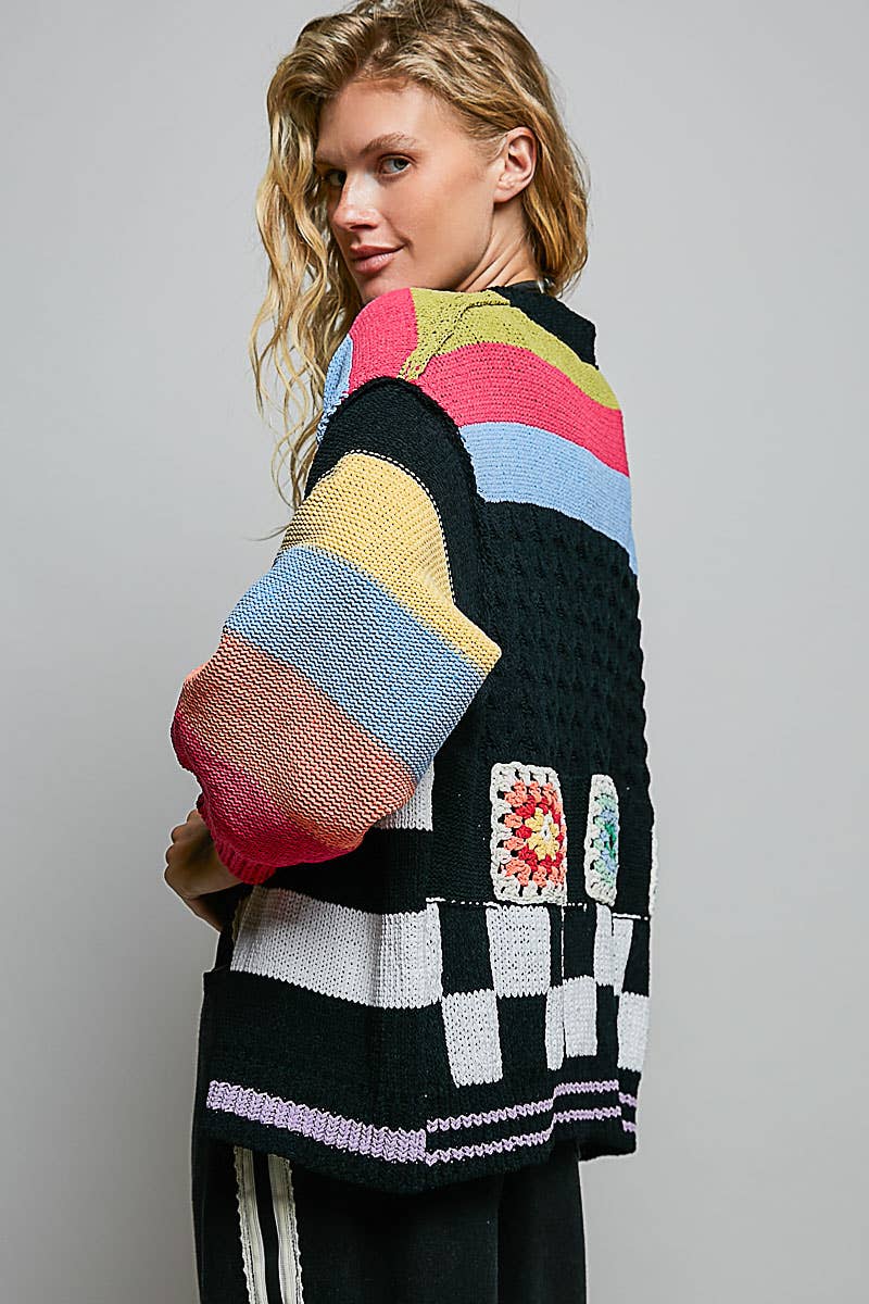 Handmade Patchwork Striped Chenille Sweater Open Cardigan: ROSE MULTI / S