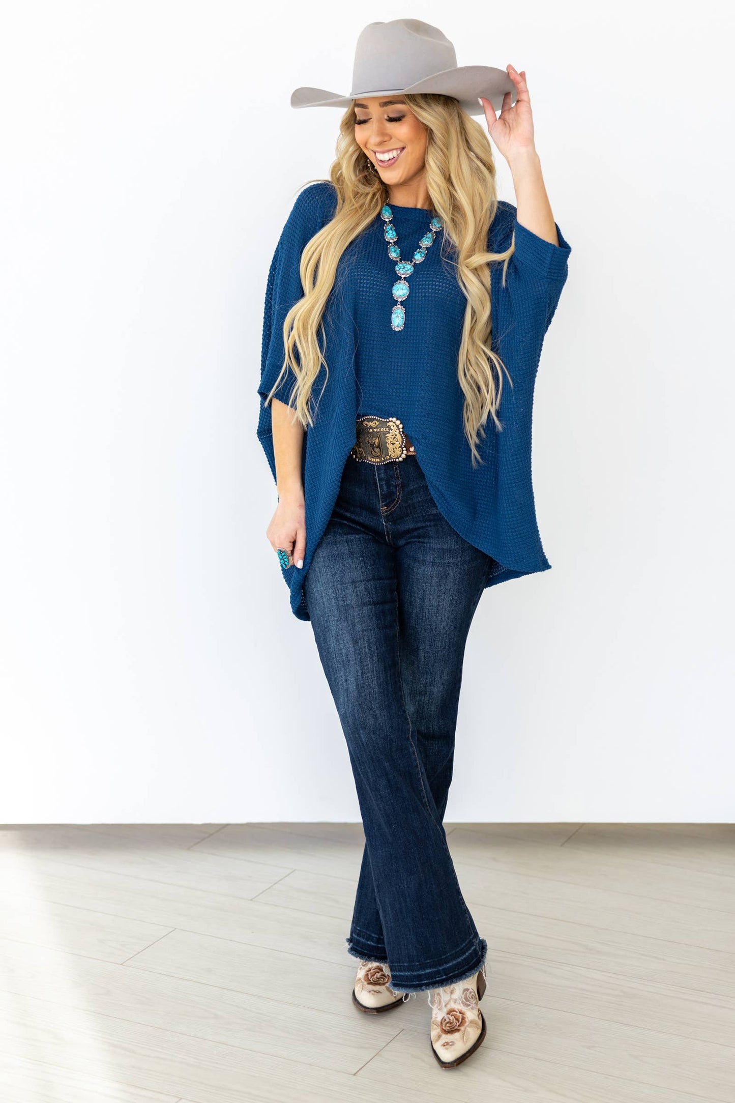 Crochet Oversized Relaxed Fit Poncho Top: NAVY / S/M