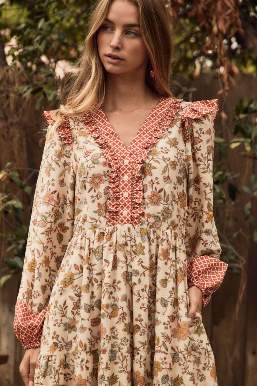 Floral Print Midi Dress: TERRA COTTA MULTI / S
