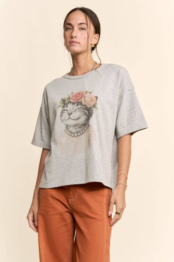 BLOSSOM-CROWNED KITTY PRINTED TOP: Beige / S