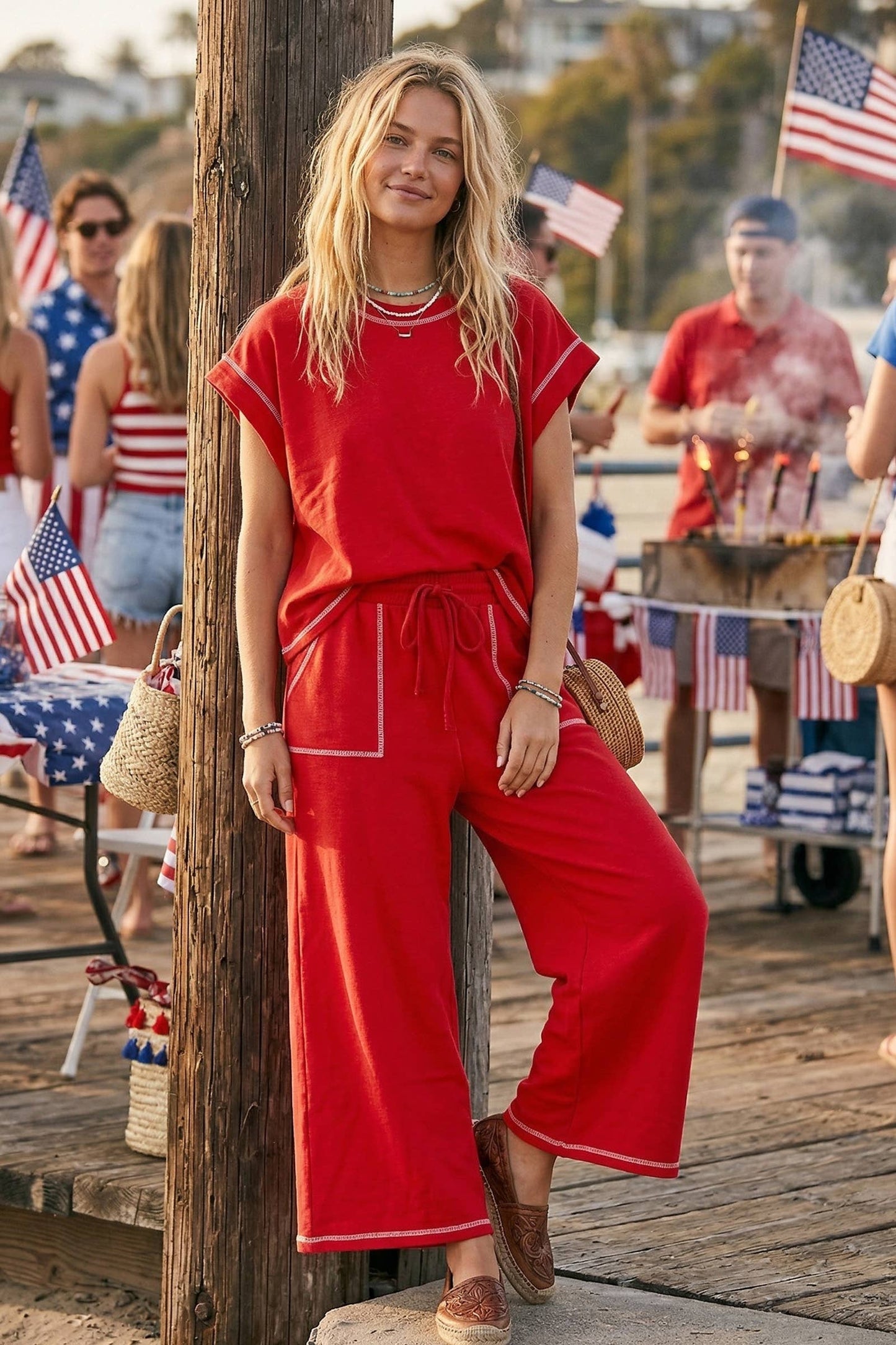 (Original Design) Scuba Contrast Stitch Lounge Set: RED / S