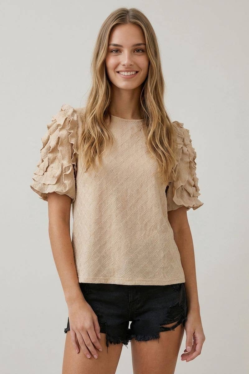 DIAMONT TEXTURED RUFFLE PUFF SLEEVE TOP - 46027T-1: Black / Contemporary / S