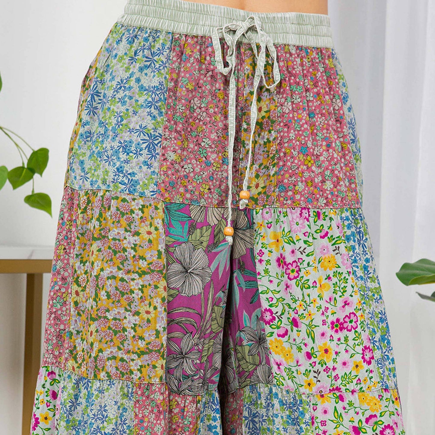 Printed Patchwork Overdyed Pants With 4 Tiers: Olive / (S-M-L-XL 1-2-2-1)