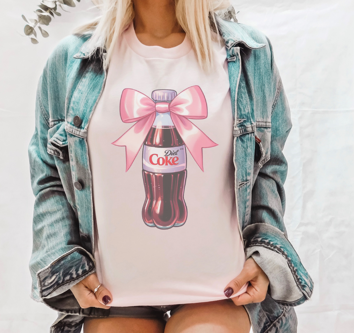 Pink Bow Diet Coke bottle valentine bow soda Graphic Tee: Peach / S