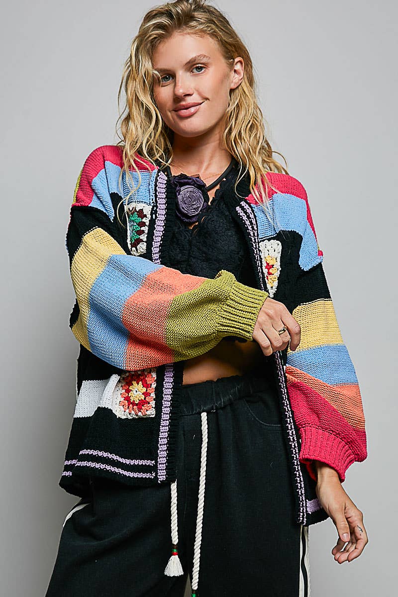 Handmade Patchwork Striped Chenille Sweater Open Cardigan: ROSE MULTI / S