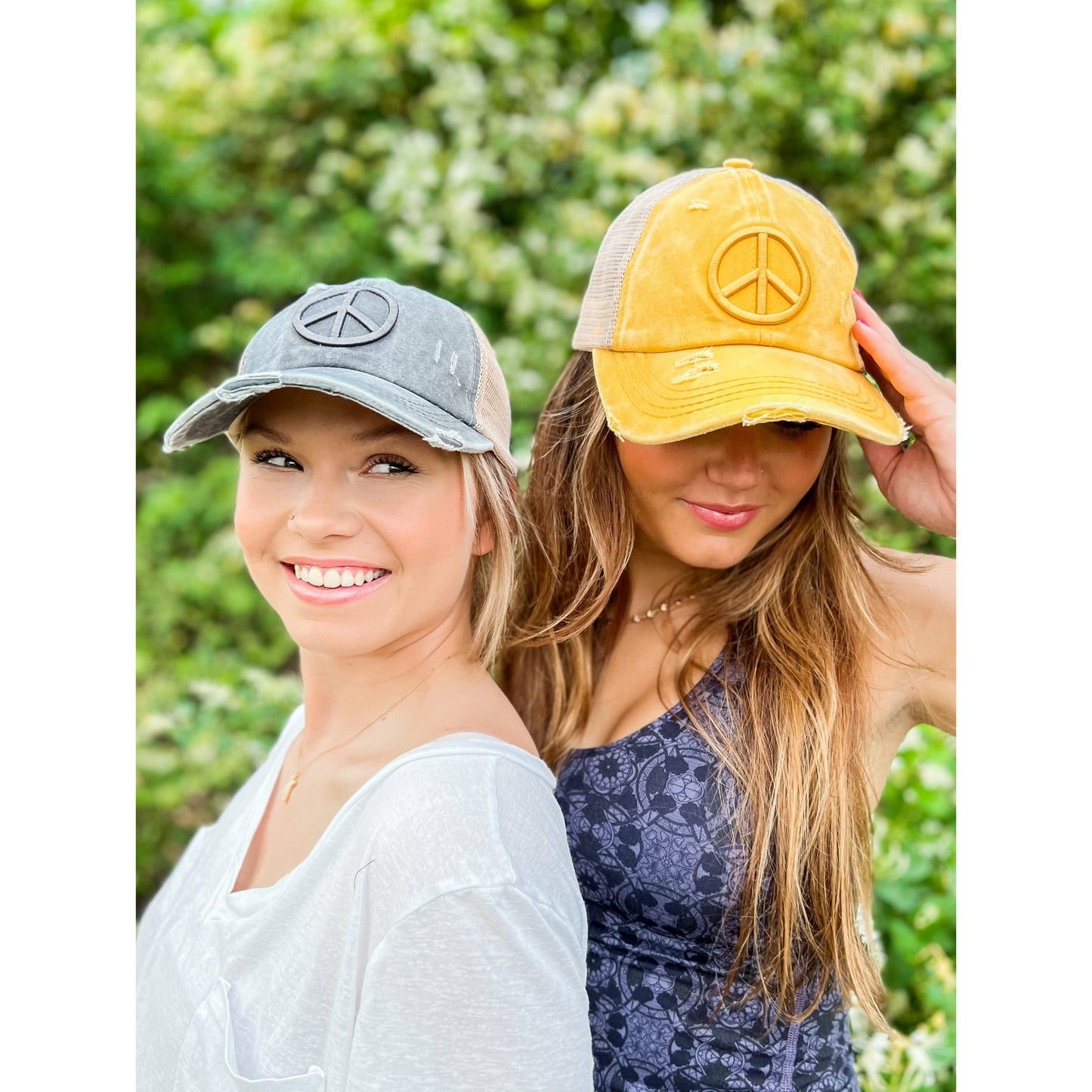 Distressed Embroidered Peace Sign Criss Cross High Pony C.C: Navy