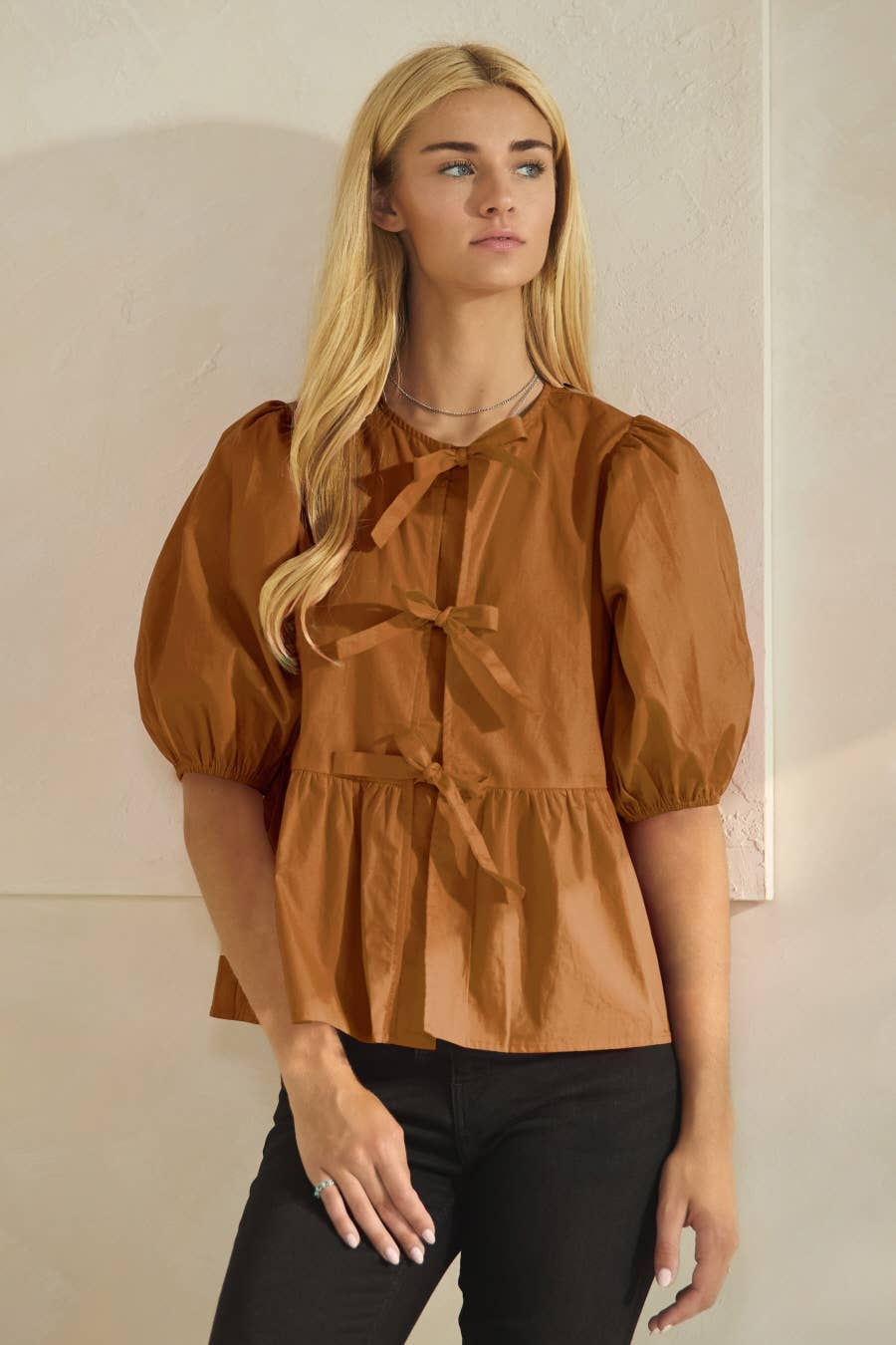 Plus Solid Cotton Poplin Front Tie Ribbon Blouse: Red / XL