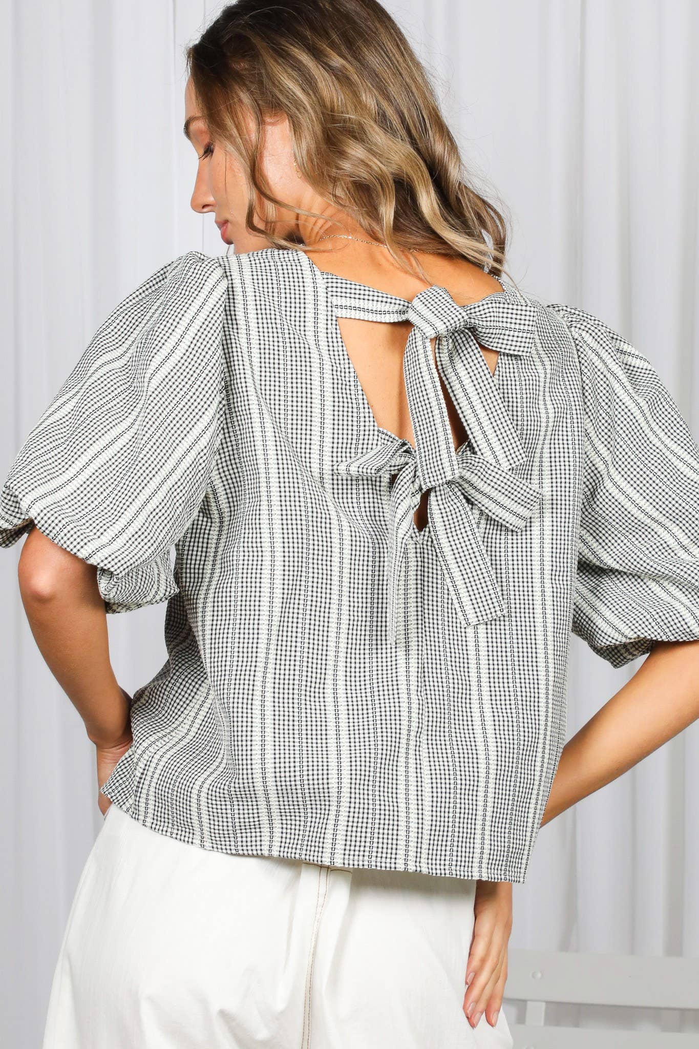 V-Back 2 Bow Accent Feminine Plaid Blouse Top VT82621C: Yellow / S