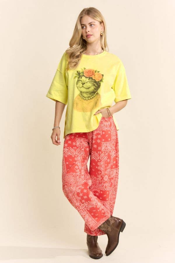 BLOSSOM-CROWNED KITTY PRINTED TOP: Beige / S
