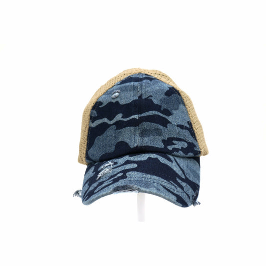 Washed Denim Camouflage Stretch Mesh High Pony CC Ball Cap