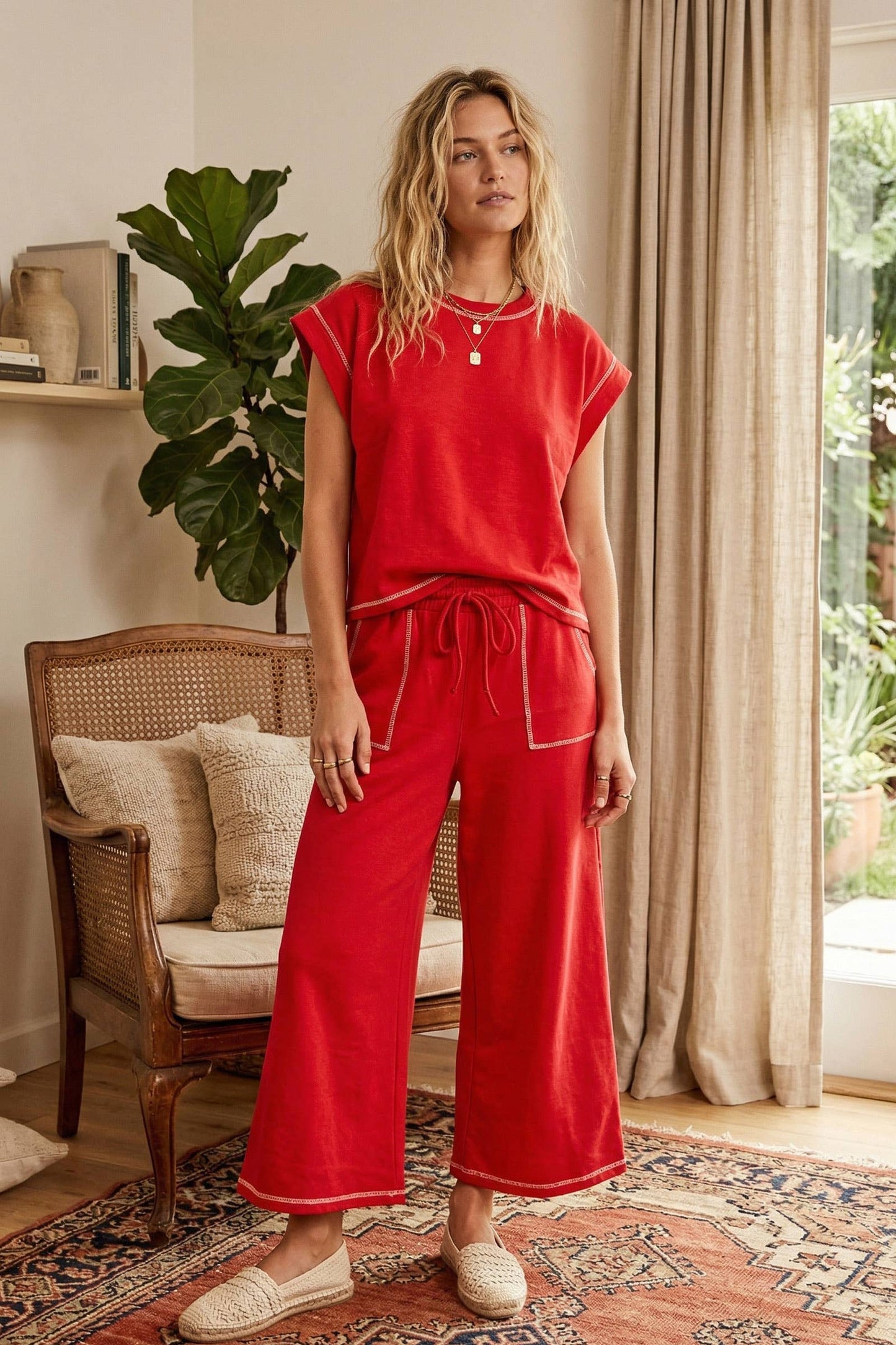 (Original Design) Scuba Contrast Stitch Lounge Set: RED / S