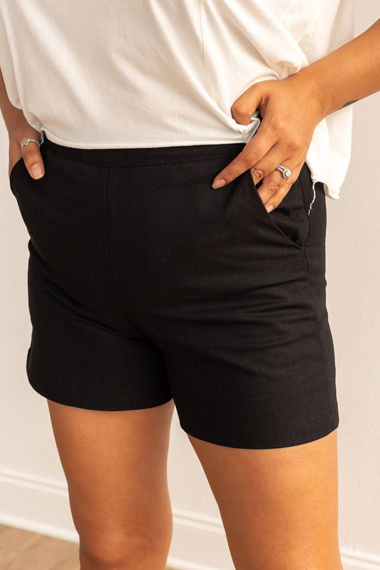 Breezy Palms Black Linen Shorts: Black / X-Small